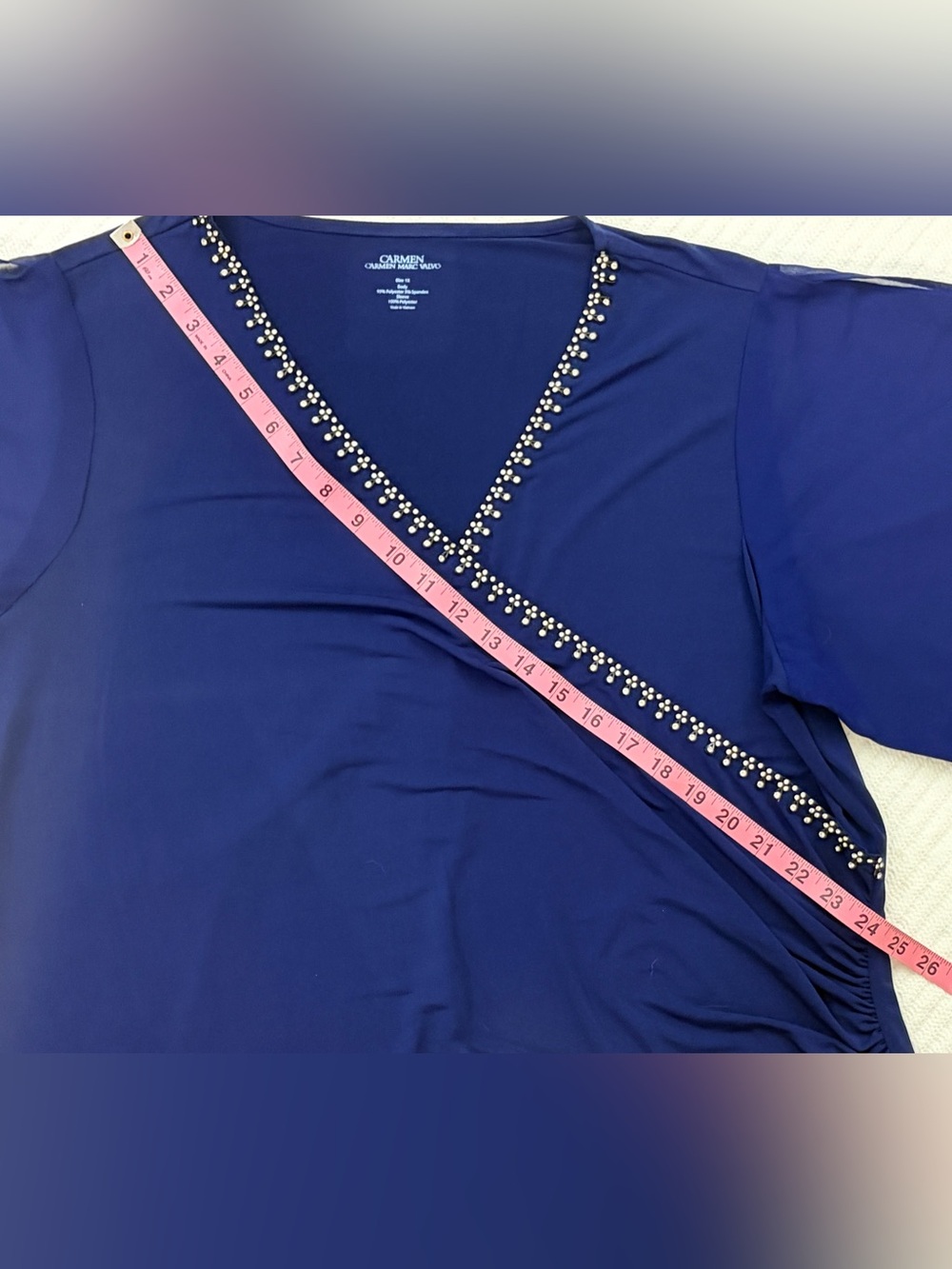 Women’s PLUS Carmen Royal Blue Embellished V-Neck Ruched Sheer Sleeve Blouse- 1X - Picture 6 of 13